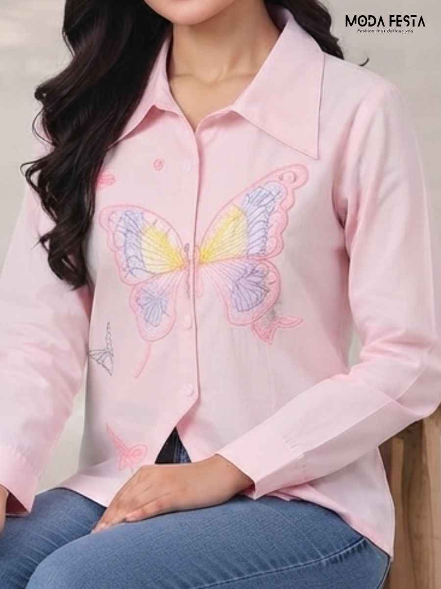 ModaFesta -modafesta-pink-butterfly-embroidered-asymmetric-shirt