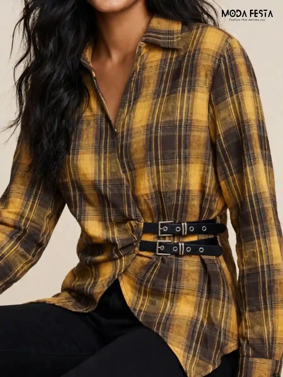 ModaFesta -yellow-and-black-plaid-wrap-style-casual-shirt