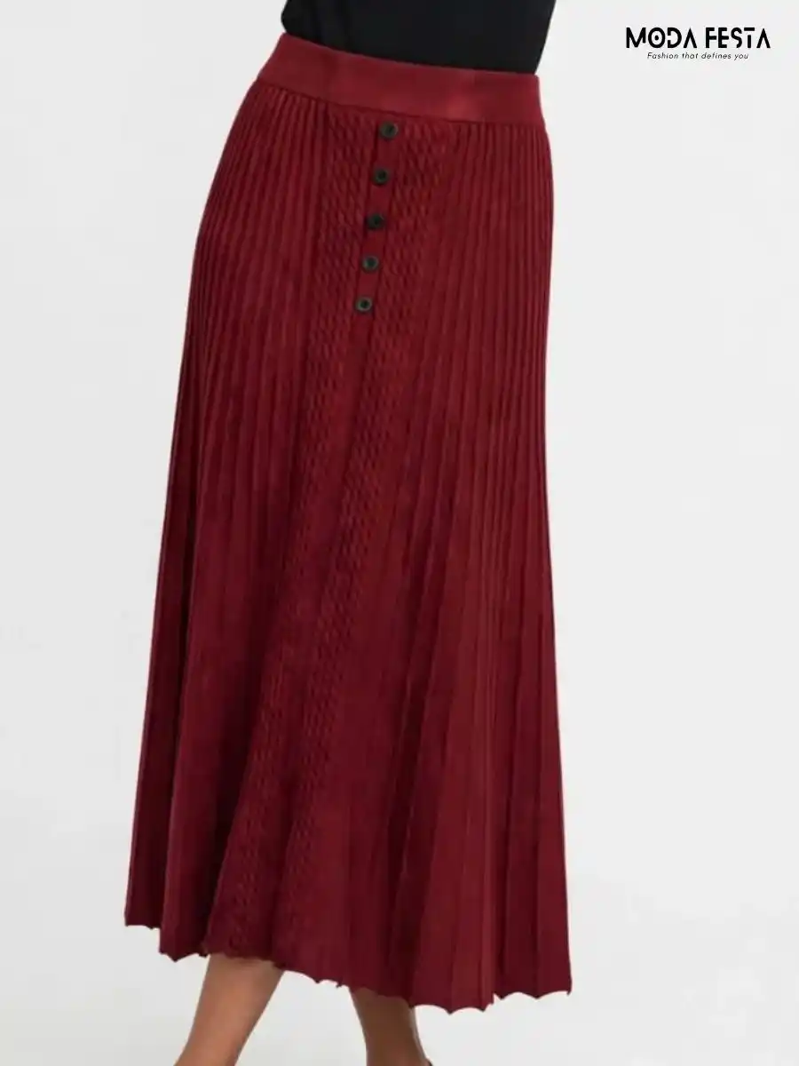 ModaFesta -maroon-ribbed-knit-button-front-midi-skirt