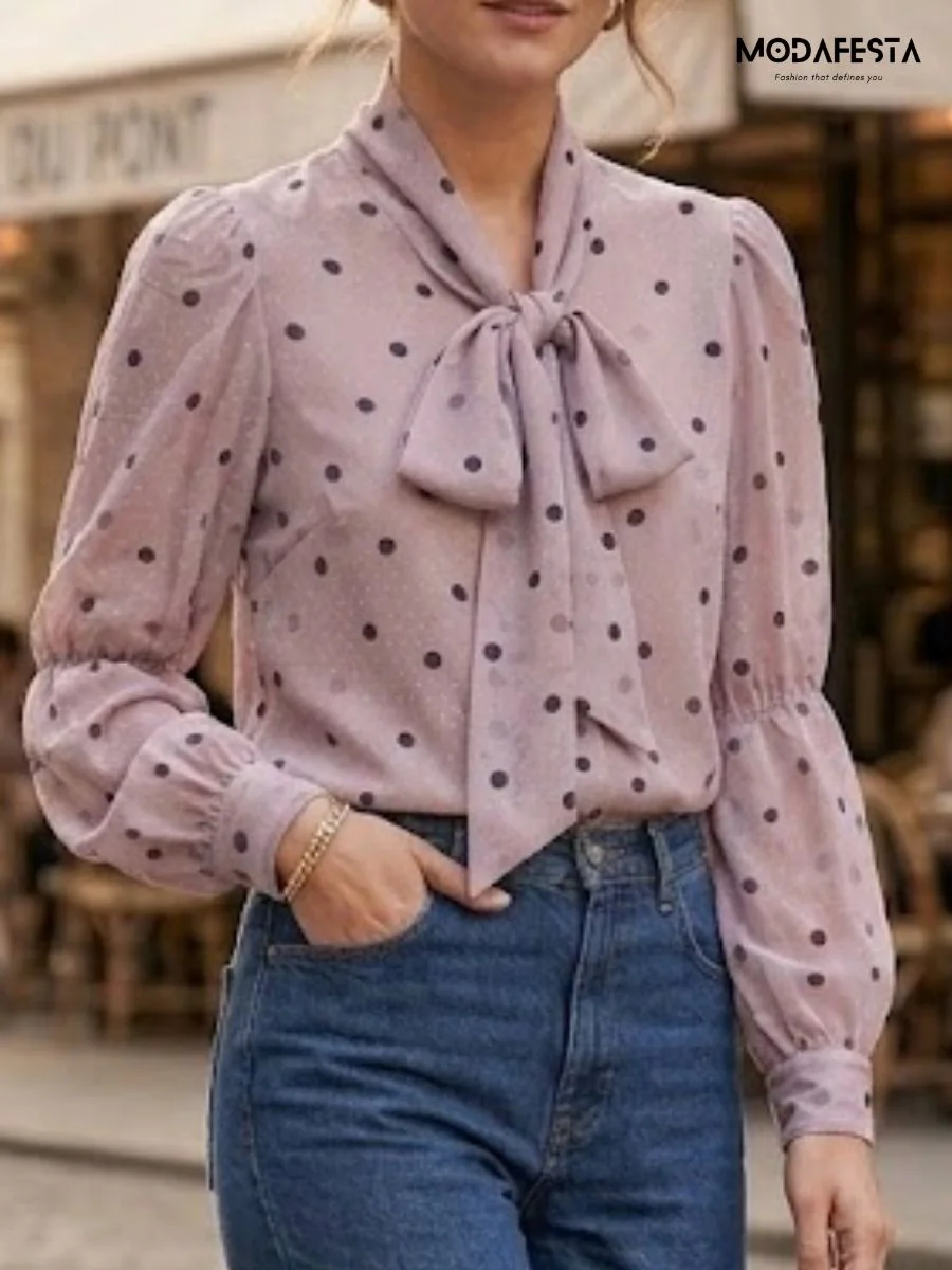 ModaFesta -elegant-chiffon-polka-dot-shirt-tie-up-neck-lilac