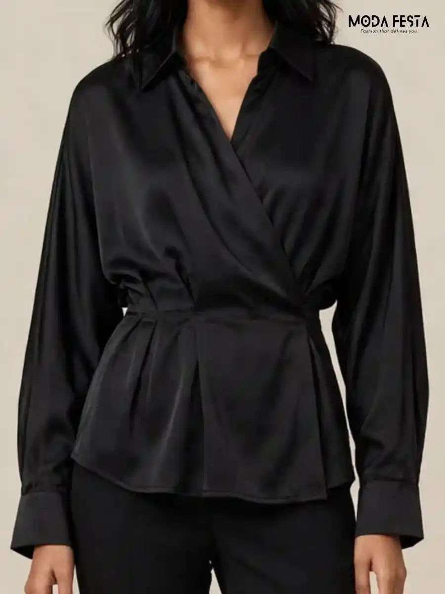Black Satin Wrap-Style Collared Long Sleeve Top