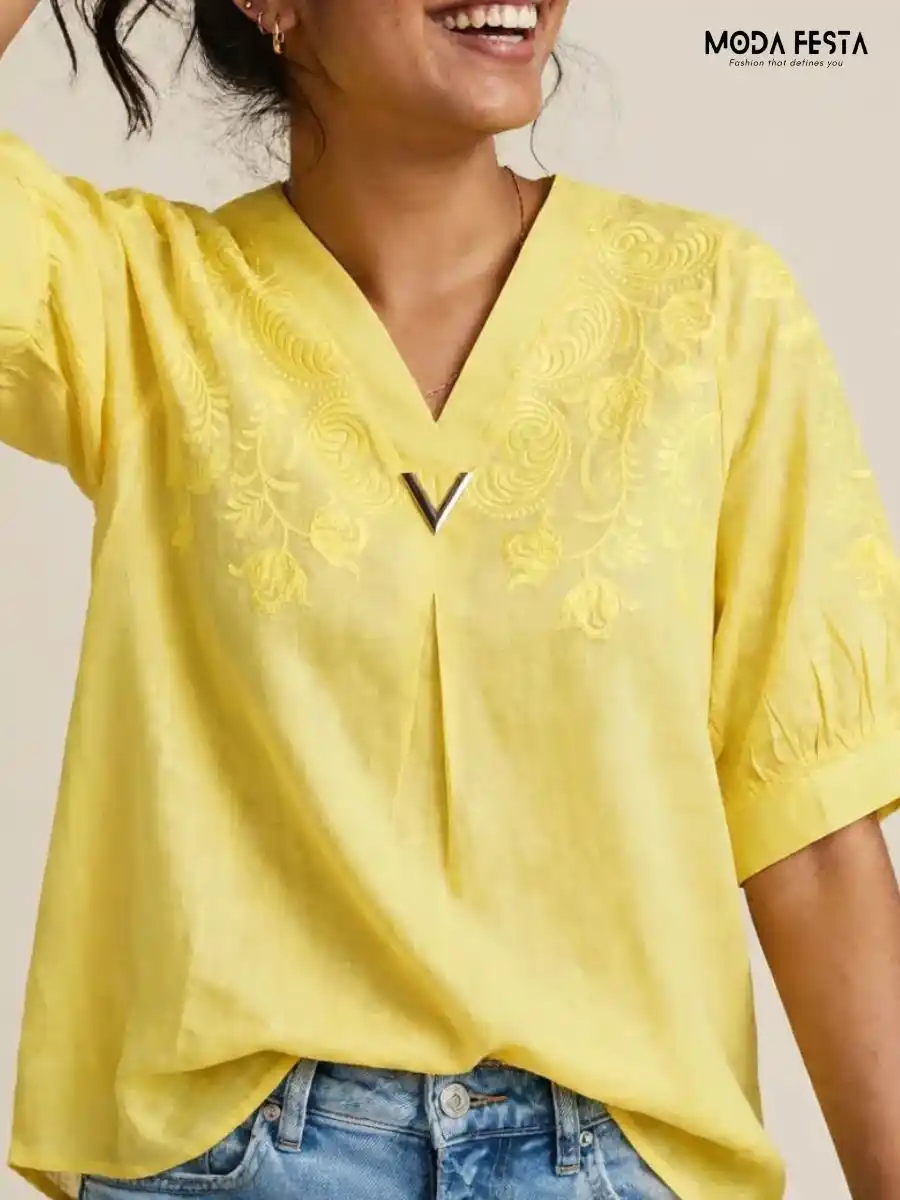 ModaFesta -yellow-embroidered-v-neck-top