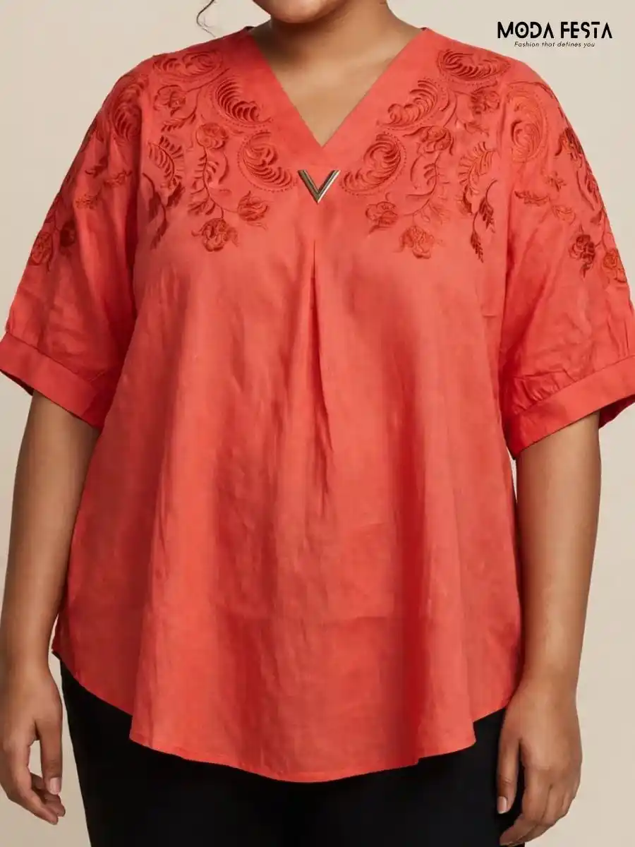 ModaFesta -coral-embroidered-v-neck-top