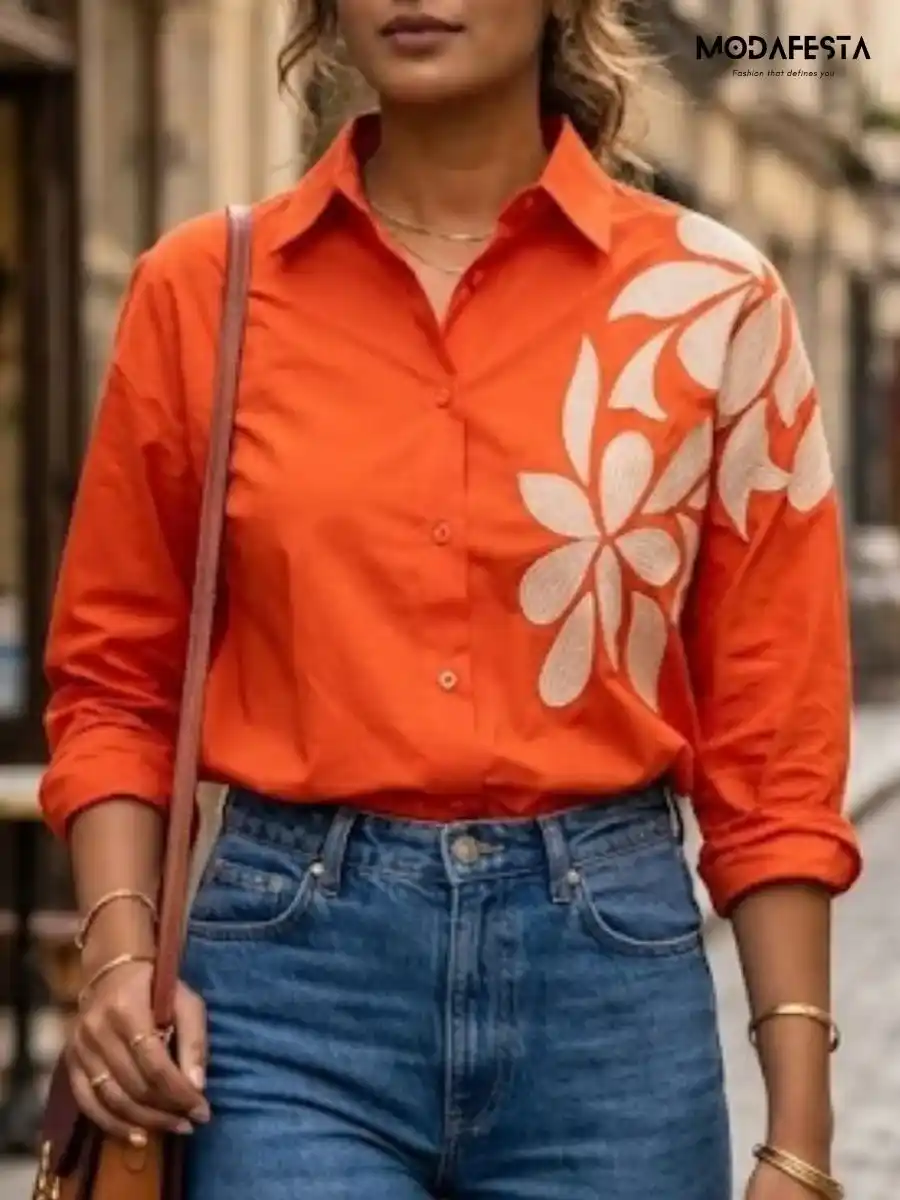 ModaFesta -elegant-floral-print-shirt-work-on-shoulder-orange