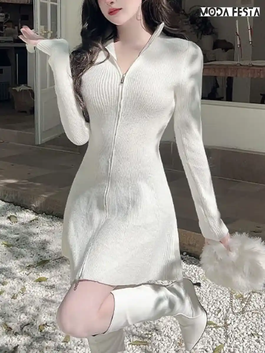 ModaFesta -stylish-knitted-dress-with-zipper-white