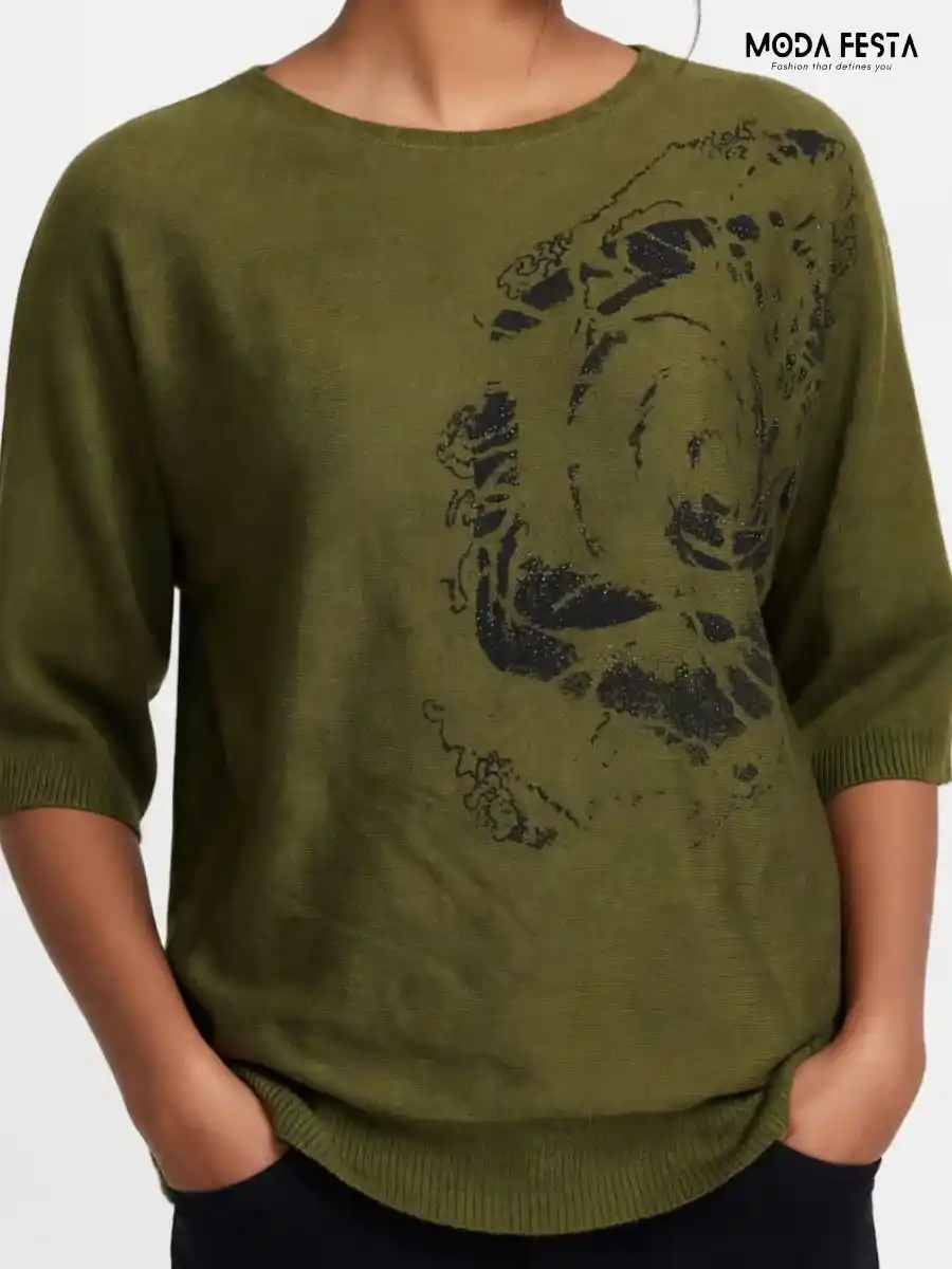 ModaFesta -olive-green-printed-knit-top