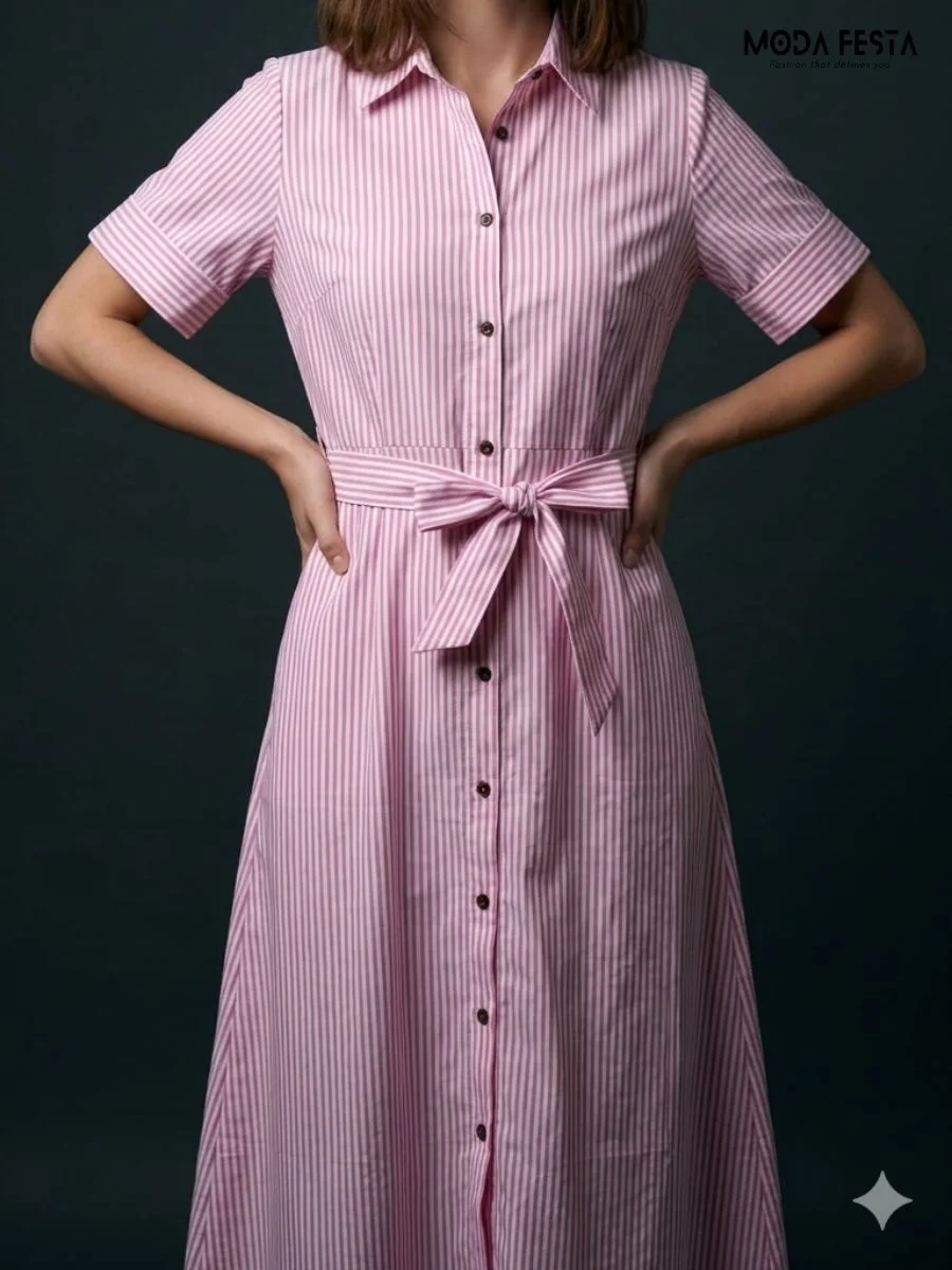 pink and white vertical-striped shirt dress