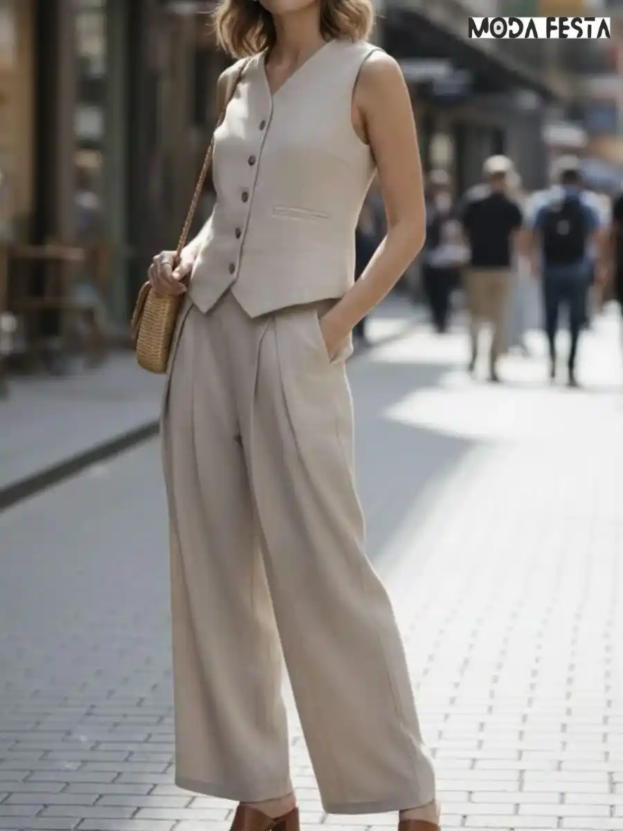 ModaFesta -elegant-vest-and-wide-leg-pant-linen-coord-set-beige