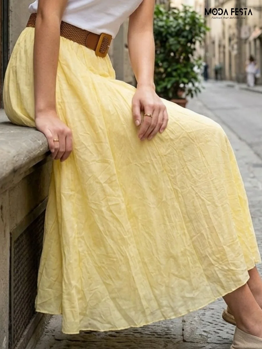 ModaFesta -pleated-yellow-midi-skirt