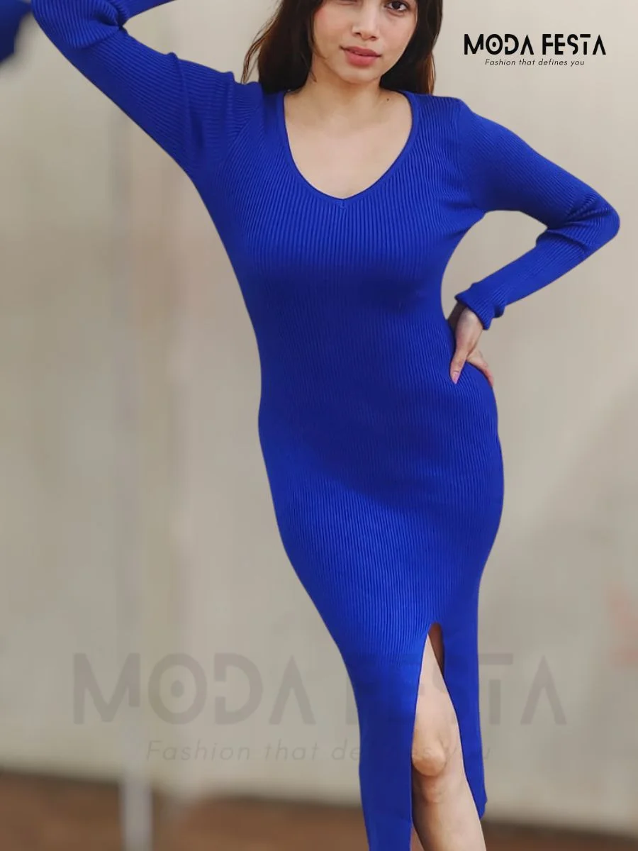 ModaFesta -style-v-neck-bodycon-dress-blue