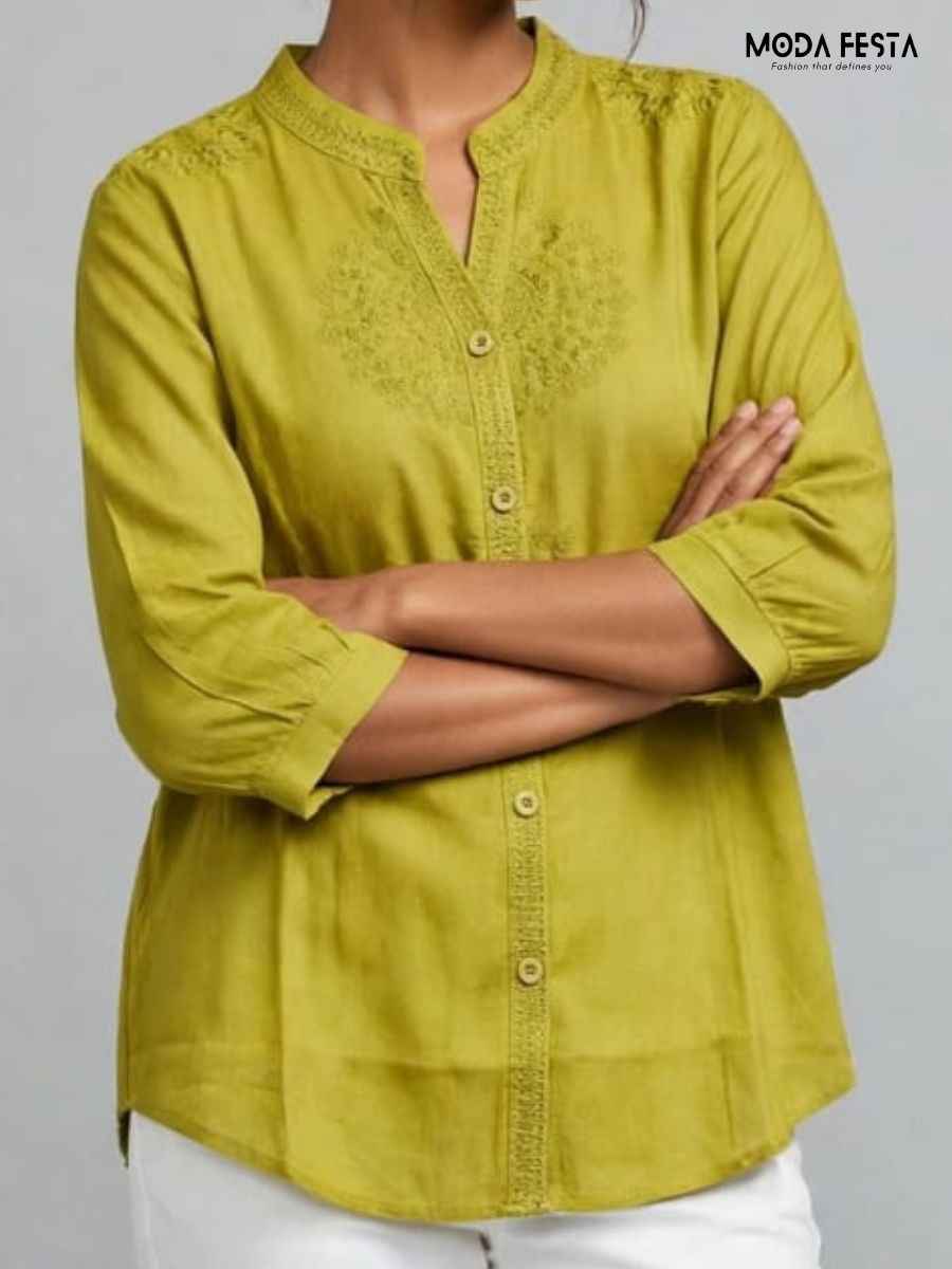 ModaFesta -olive-green-embroidered-mandarin-collar-button-down-top