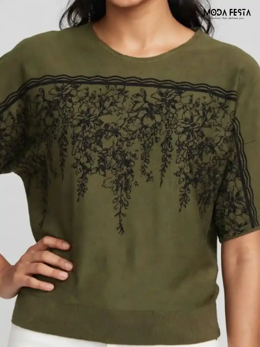 ModaFesta -olive-green-floral-printed-knit-top