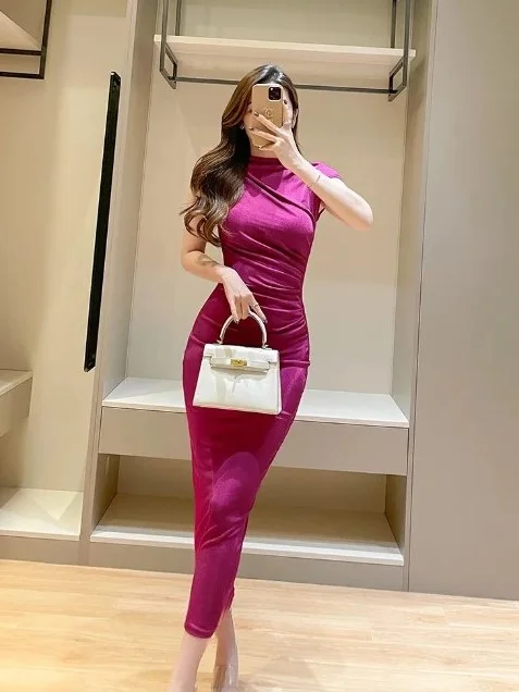 ModaFesta - pink-hip-long-sexy-skinny-dress