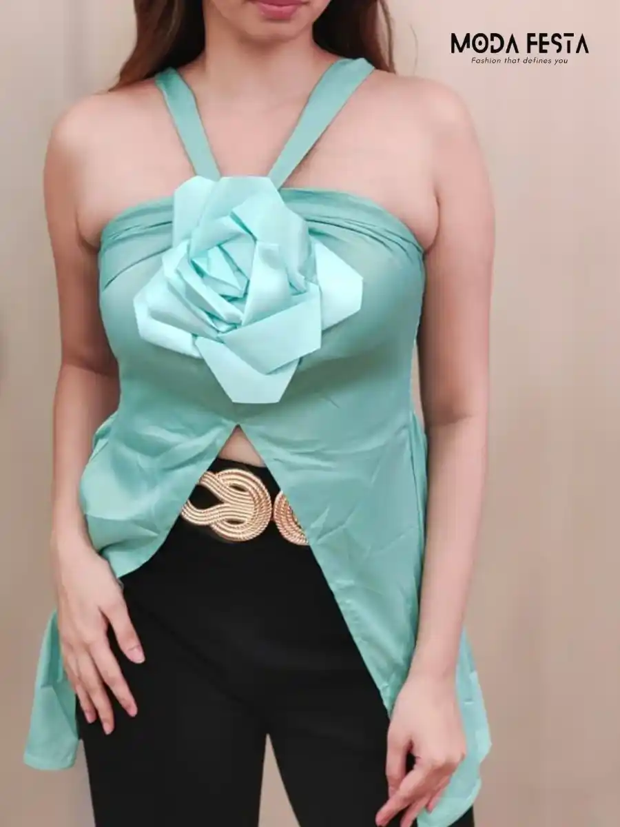 ModaFesta - floral-elegant-satin-party-top-green