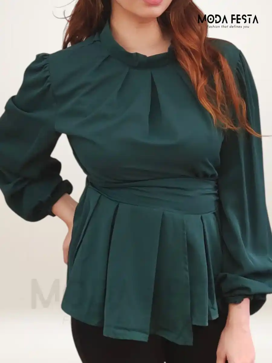 ModaFesta - green-high-neck-peplum-top