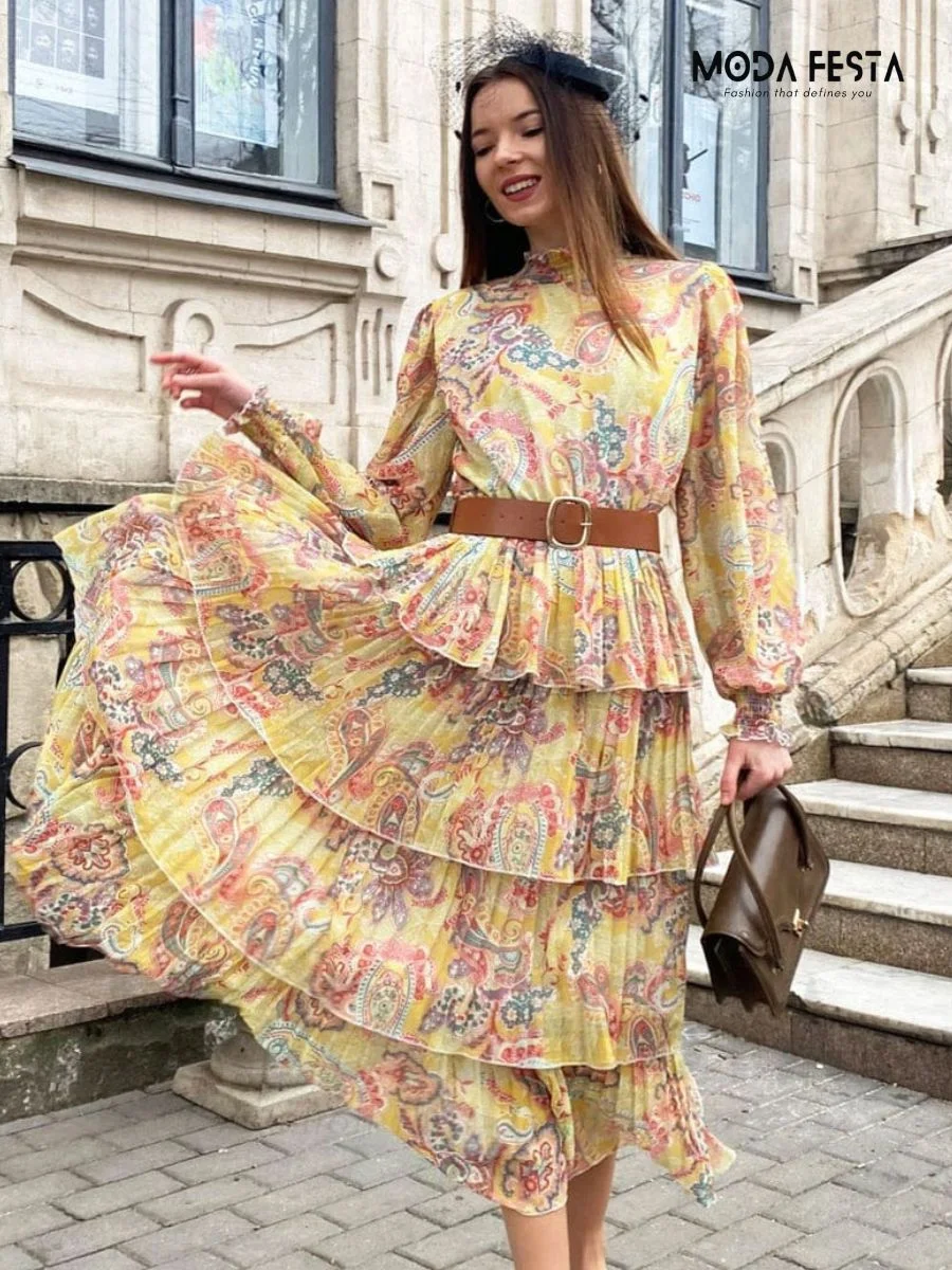 ModaFesta - elegant-layer-floral-long-dress-yellow