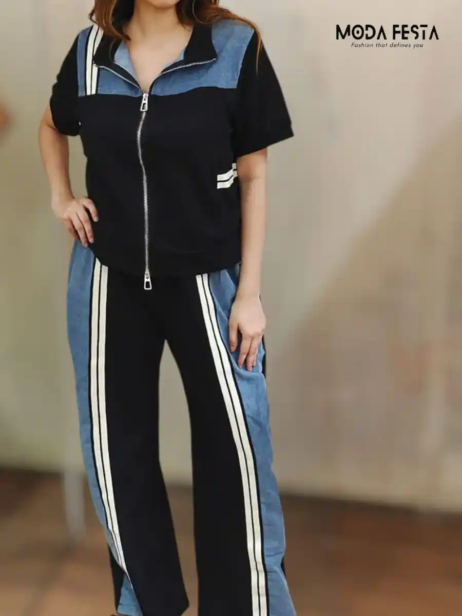 ModaFesta - beautiful-stripe-denim-coord-set-black