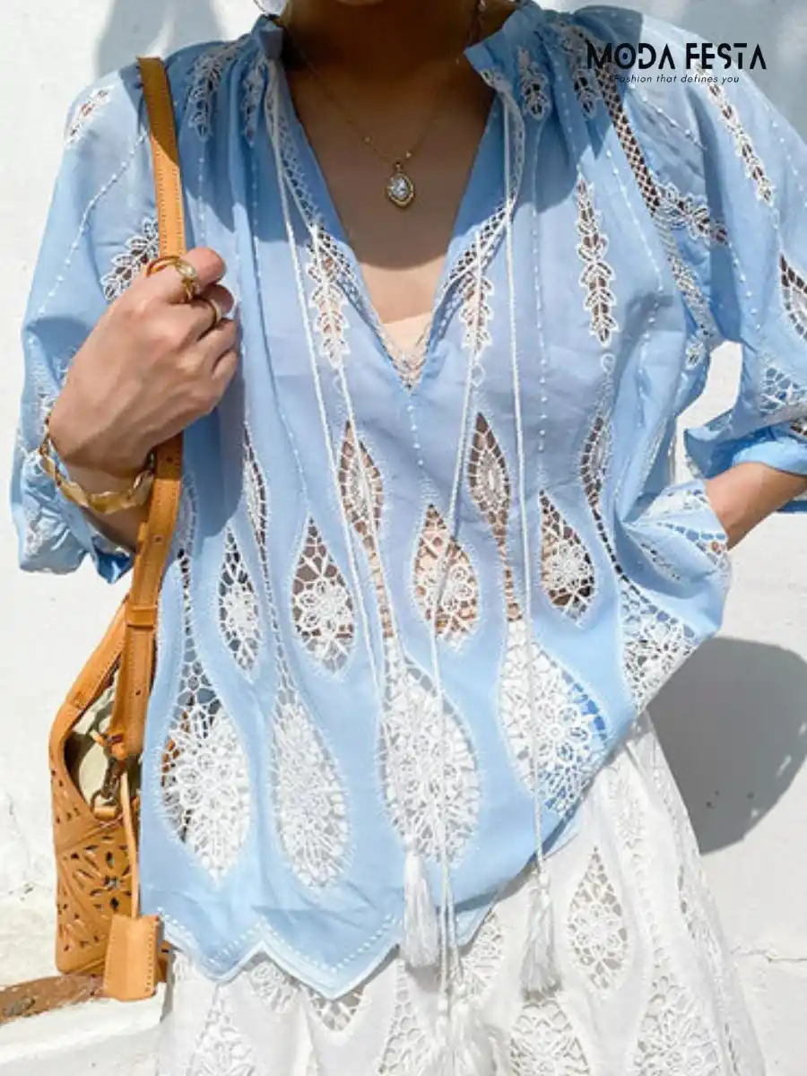 ModaFesta - stylish-lace-up-embroidery-top-blue