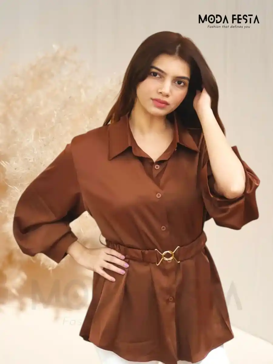 ModaFesta - brown-shirt-with-stylish-belt-for-women