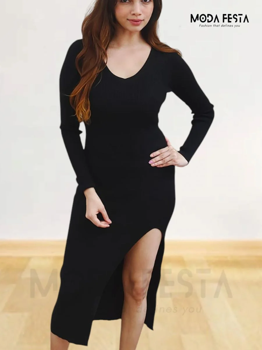 ModaFesta - style-v-neck-bodycon-dress-black