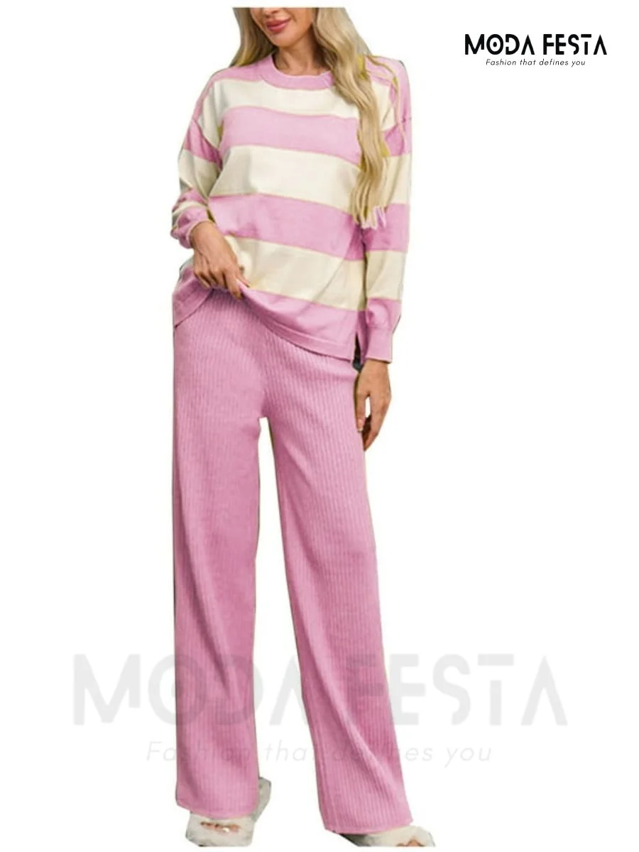 ModaFesta - trendy-stripe-knitted-coord-set-pink