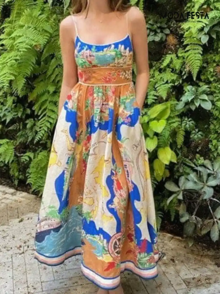 ModaFesta - spaghetti-floral-print-a-line-dress-orange