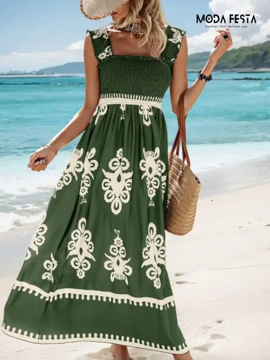 ModaFesta - stylish-boho-flowy-beach-wear-dress-green