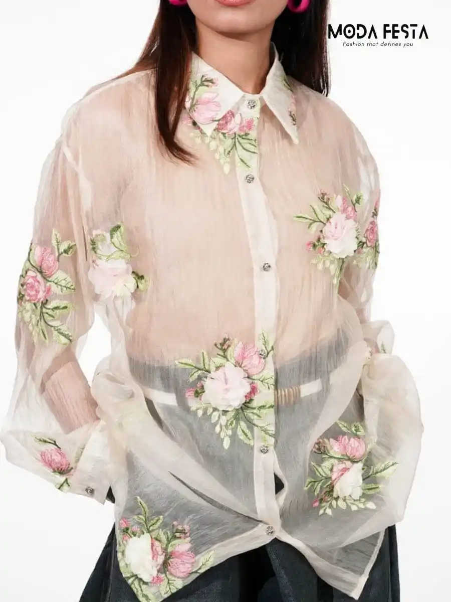 ModaFesta - floral-embroidery-tissue-shirt-white