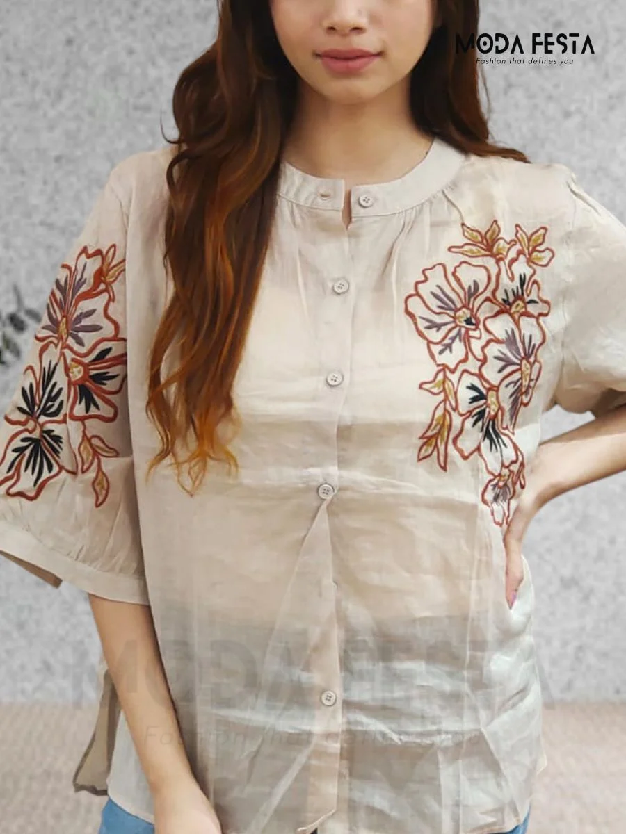 ModaFesta - embroidered-linen-top-beige