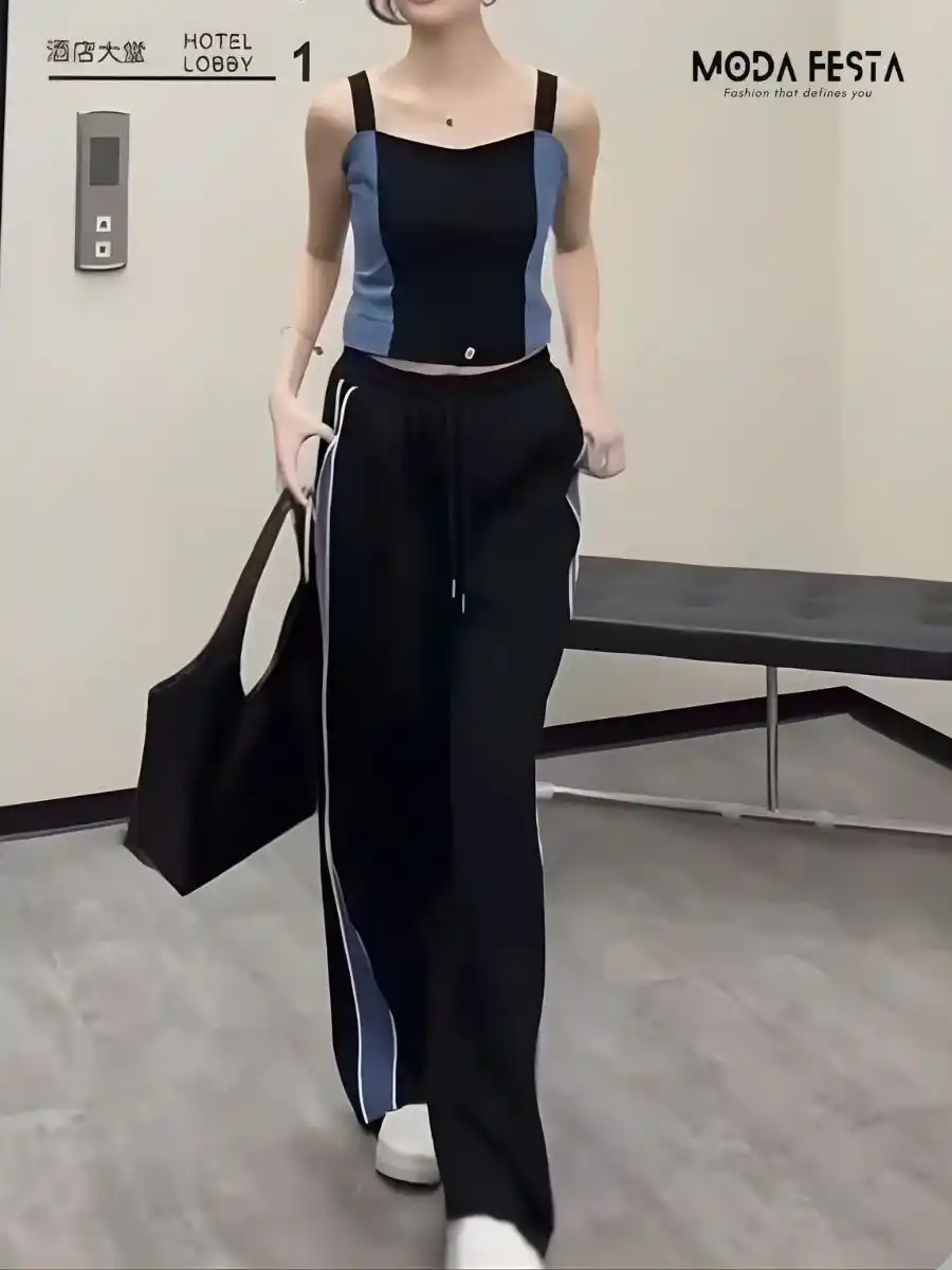 ModaFesta - elegant-top-with-pant-coored-set-black