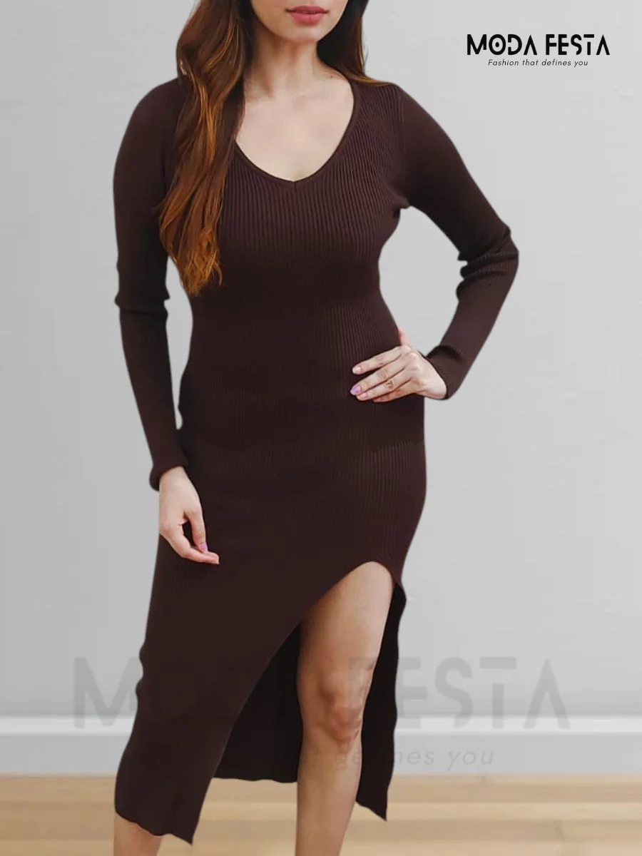 ModaFesta - style-v-neck-bodycon-dress-brown