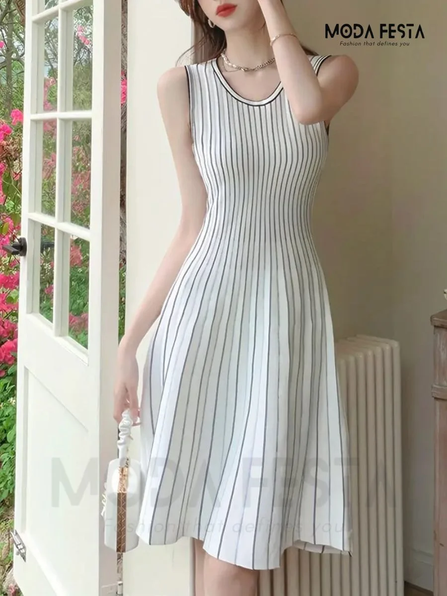 ModaFesta - striped-print-a-line-dress-white