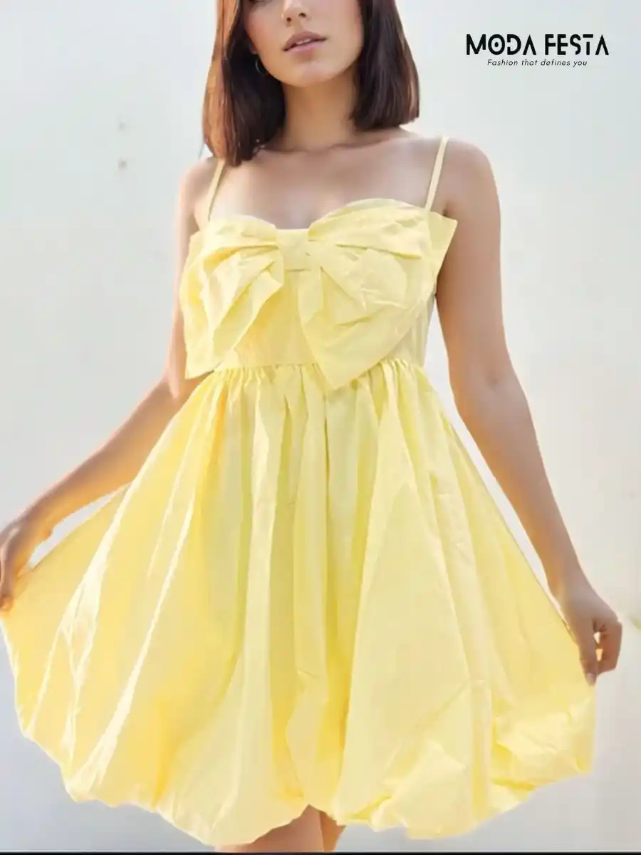 ModaFesta - front-stylish-bow-puffy-mini-dress-yellow