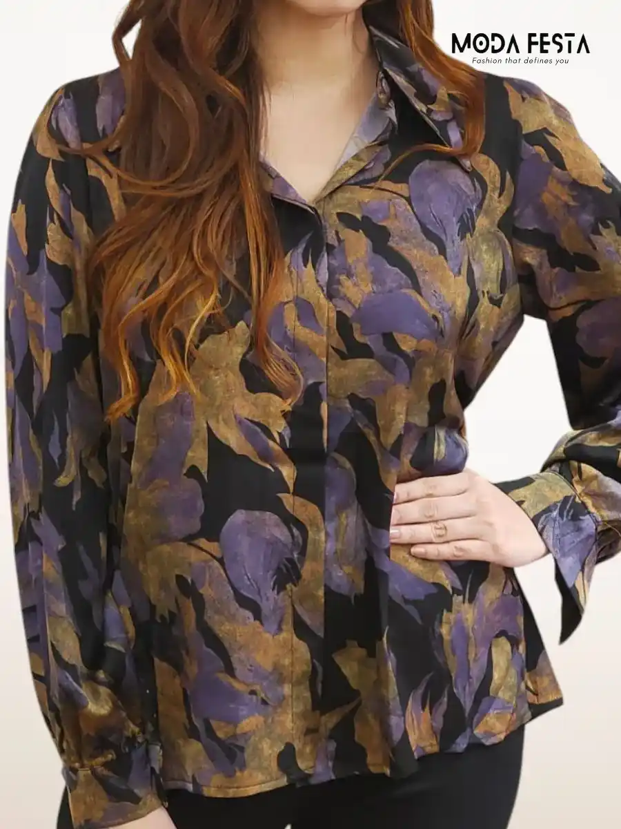 ModaFesta - floral-printed-satin-shirt-black