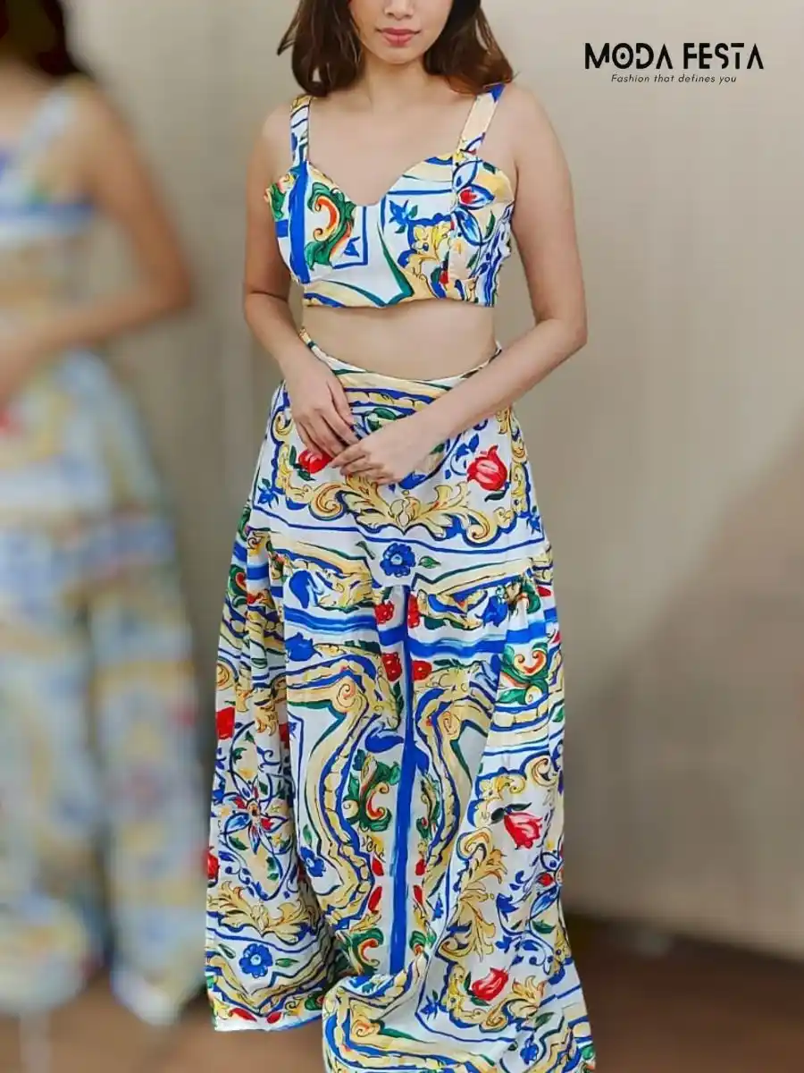 ModaFesta - floral-v-neck-top-with-skirt-coord-set-blue