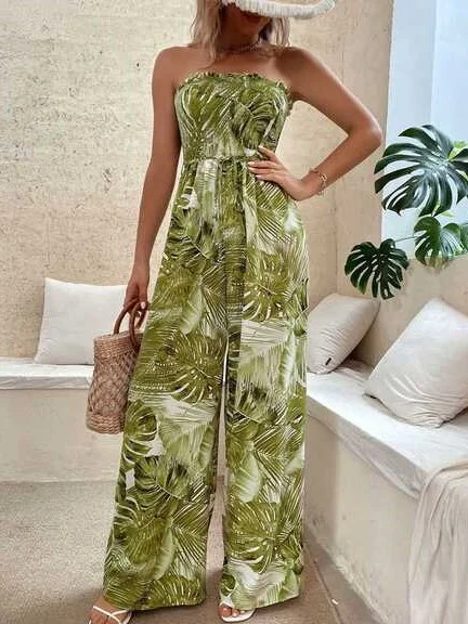 ModaFesta - tropical-print-strapless-jumpsuit-green