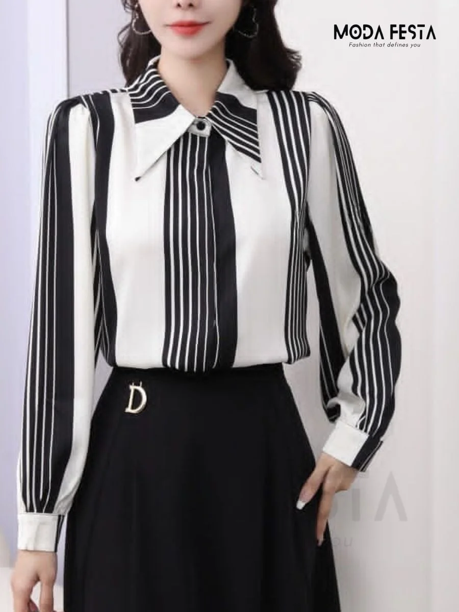 ModaFesta - fashionable-stripe-print-satin-shirt-black