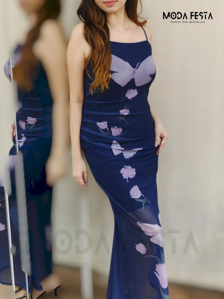 ModaFesta - printed-mesh-bodycon-dress-navy-blue