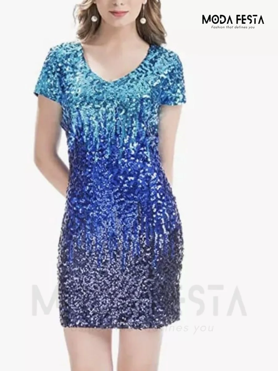 ModaFesta - v-neck-sequin-dress-blue