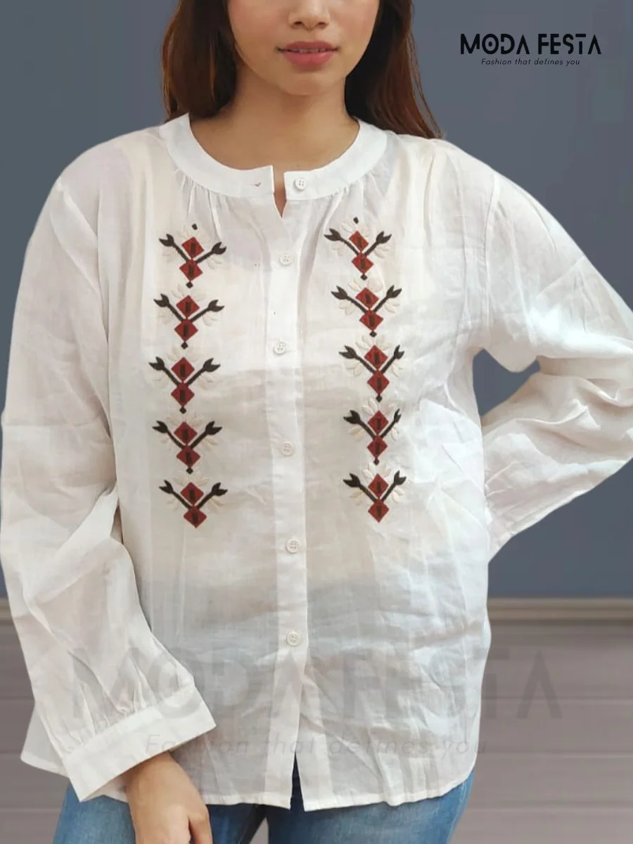 ModaFesta - embroidered-linen-top-white-mid-lenght