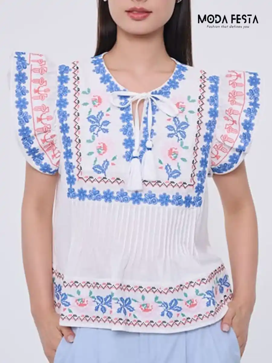 ModaFesta - multicolored-embroidery-top-white