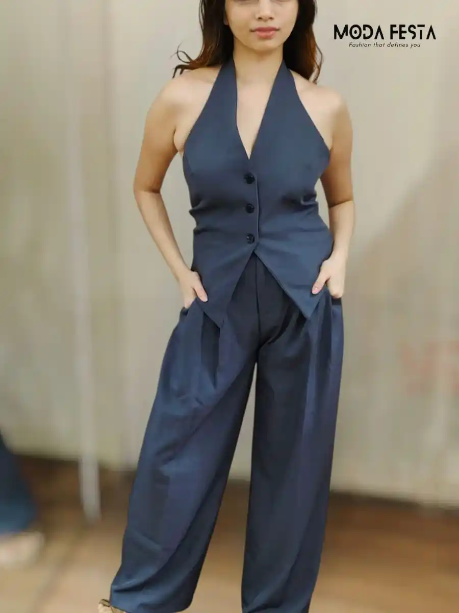 ModaFesta - v-neck-top-with-trouser-coord-set-grey