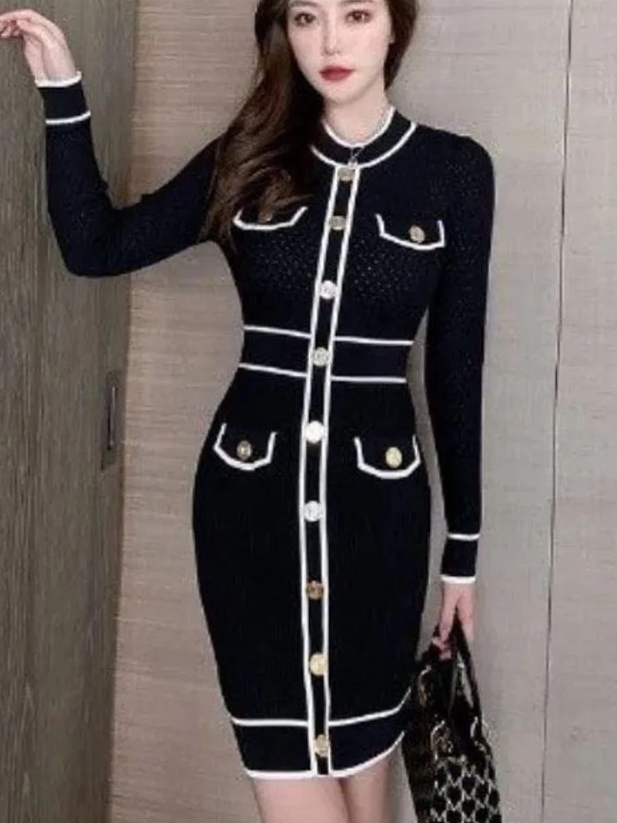 ModaFesta - striped-knitted-dress-black
