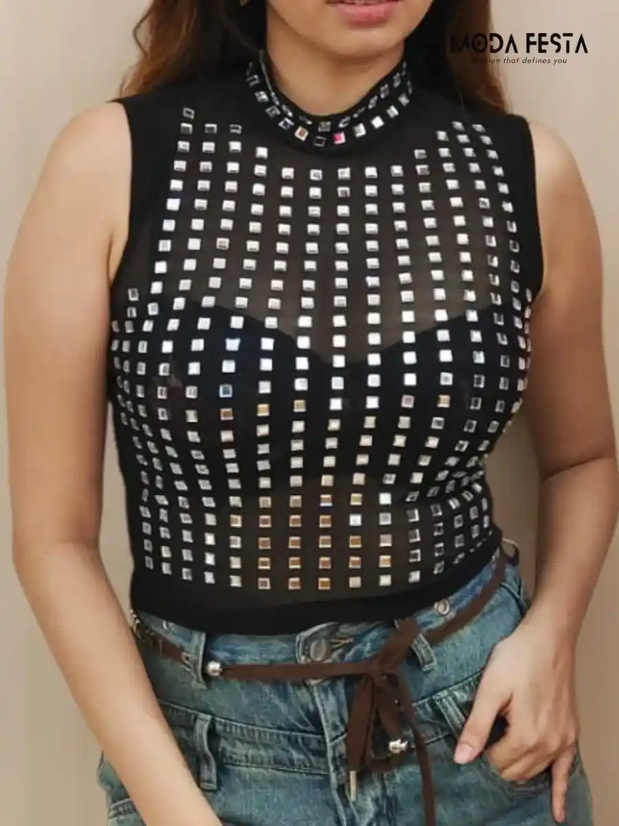 ModaFesta - rhinestone-high-neck-crop-top-black