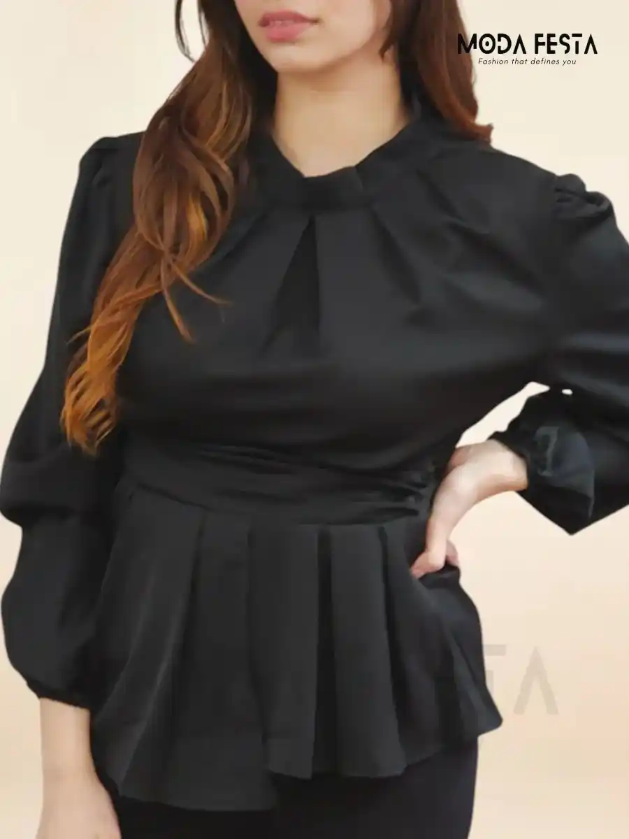 ModaFesta - black-high-neck-peplum-top